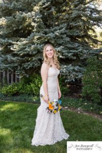 Littleton wedding photographer bride backyard flowers dress Lakewood 