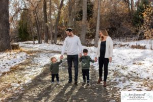 Littleton family photographer Fly'N B park in Highlands Ranch Colorado photography boys brothers pregnant baby bump mom dog Yorkie snow fall trail