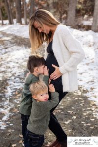 Littleton family photographer Fly'N B park in Highlands Ranch Colorado photography boys brothers pregnant baby bump mom dog Yorkie snow fall trail