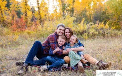 The {B} family of 4 at Lair O’ the Bear in Morrison for a fall photo session by Littleton photographer