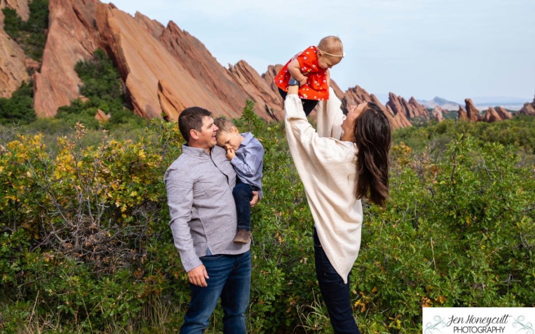 The {C} family of 4 at Roxborough State Park by Littleton photographer