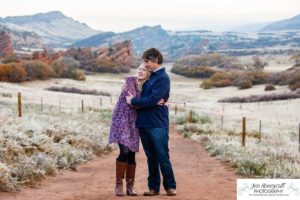 Littleton family photographer in Colorado South Valley Open Space park Ken Caryl red rocks rock formations boys brothers fall photo session cold frost winter mother father sons sunset photography