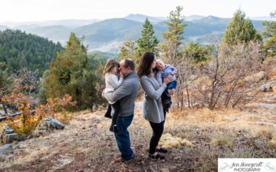 The {V} family of 4 at Mt. Falcon park in Colorado by Littleton photographer
