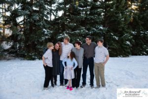 Littleton family photographer snow photo session Morrison pine trees snowy winter Thanksgiving extended grandmother grandchildren visit from Arizona