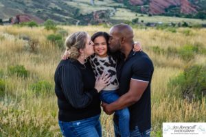 Littleton family photographer Mt. Falcon east lot Red Rocks couple in love Christmas little girl grandparents visit grandchild sunset light