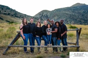 Littleton family photographer Mt. Falcon east lot Red Rocks couple in love Christmas little girl grandparents visit grandchild sunset light