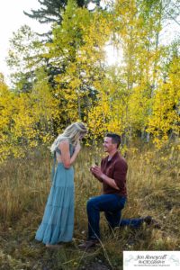 Littleton couple photographer Meyer Ranch Colorado aspen trees yellow leaves proposal engaged engagement photo session proposed future husband and wife dog diamond ring wedding photography