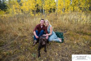 Littleton couple photographer Meyer Ranch Colorado aspen trees yellow leaves proposal engaged engagement photo session proposed future husband and wife dog diamond ring wedding photography