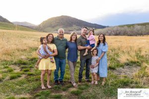 Littleton family photographer extended grandparents grandchildren Hildebrand Ranch little girls cousins kids daughter sisters foothills sunset photography