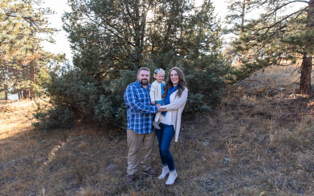 The {F} family of 3 at Mt. Falcon park by Littleton photographer