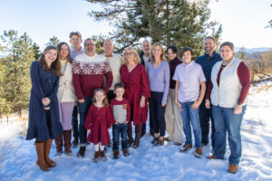 Littleton family photographer Colorado Mt. Falcon park mountain view extended cousins grandparents grandchildren snow