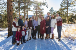 Littleton family photographer Colorado Mt. Falcon park mountain view extended cousins grandparents grandchildren snow siblings