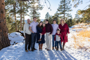 Littleton family photographer Colorado Mt. Falcon park mountain view extended cousins grandparents grandchildren snow siblings