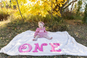 Littleton family photographer Fly'N B park Highlands Ranch Colorado one year old baby mother father child daughter little girl photography fall cake smash