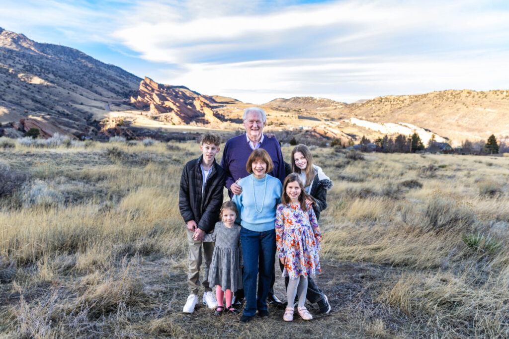 Littleton extended family photographer in Colorado.  Grandparents and grandchildren at red rocks. 