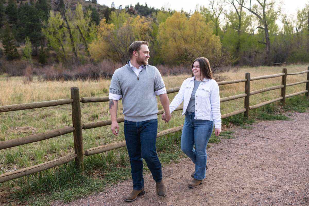Engagement session for Colorado couple at Lair O' the Bear Park in Morrison