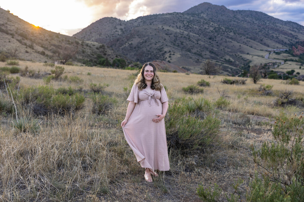Colorado maternity photography photo session with foothills at sunset