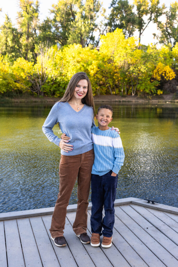 Colorado family photographer mother and son at lake in the fall